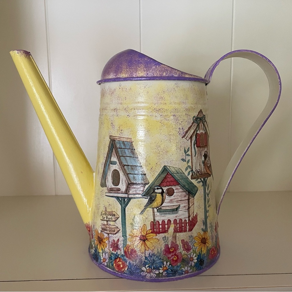 Garden Watering Can Découpaged Hand-Painted Collaged With Birdhouses & Flowers